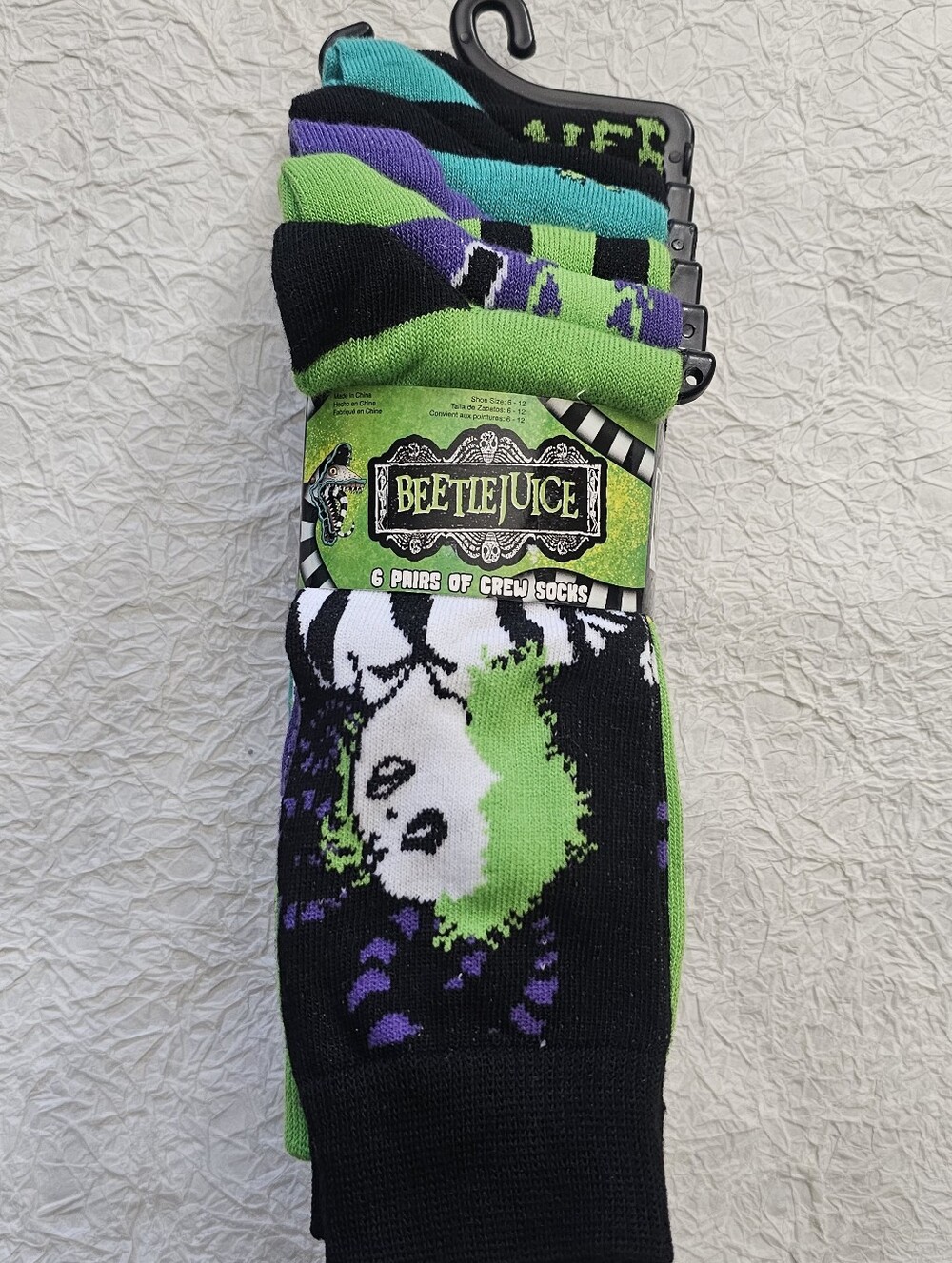 Beetlejuice 6 pk Halloween theme socks one size shoe 6-12 adult men women unisex